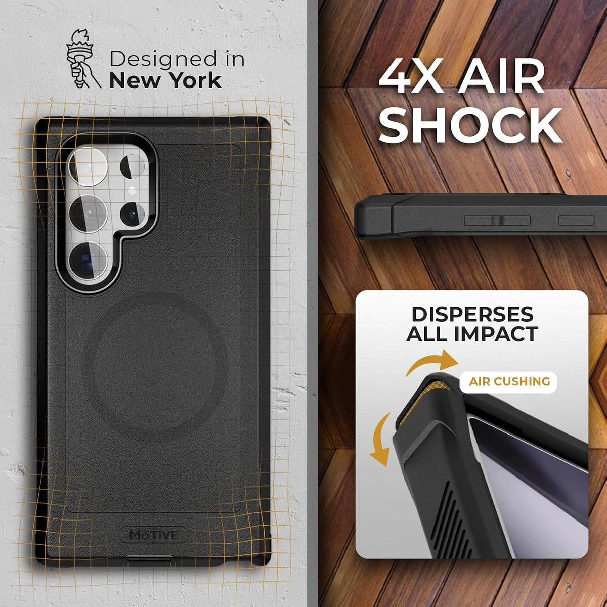 Motivecase Bunker Series protective armor case for Samsung Galaxy S24 Ultra highlighting 4X air-shock reinforced corner defense and impact dispersing cushion corners.