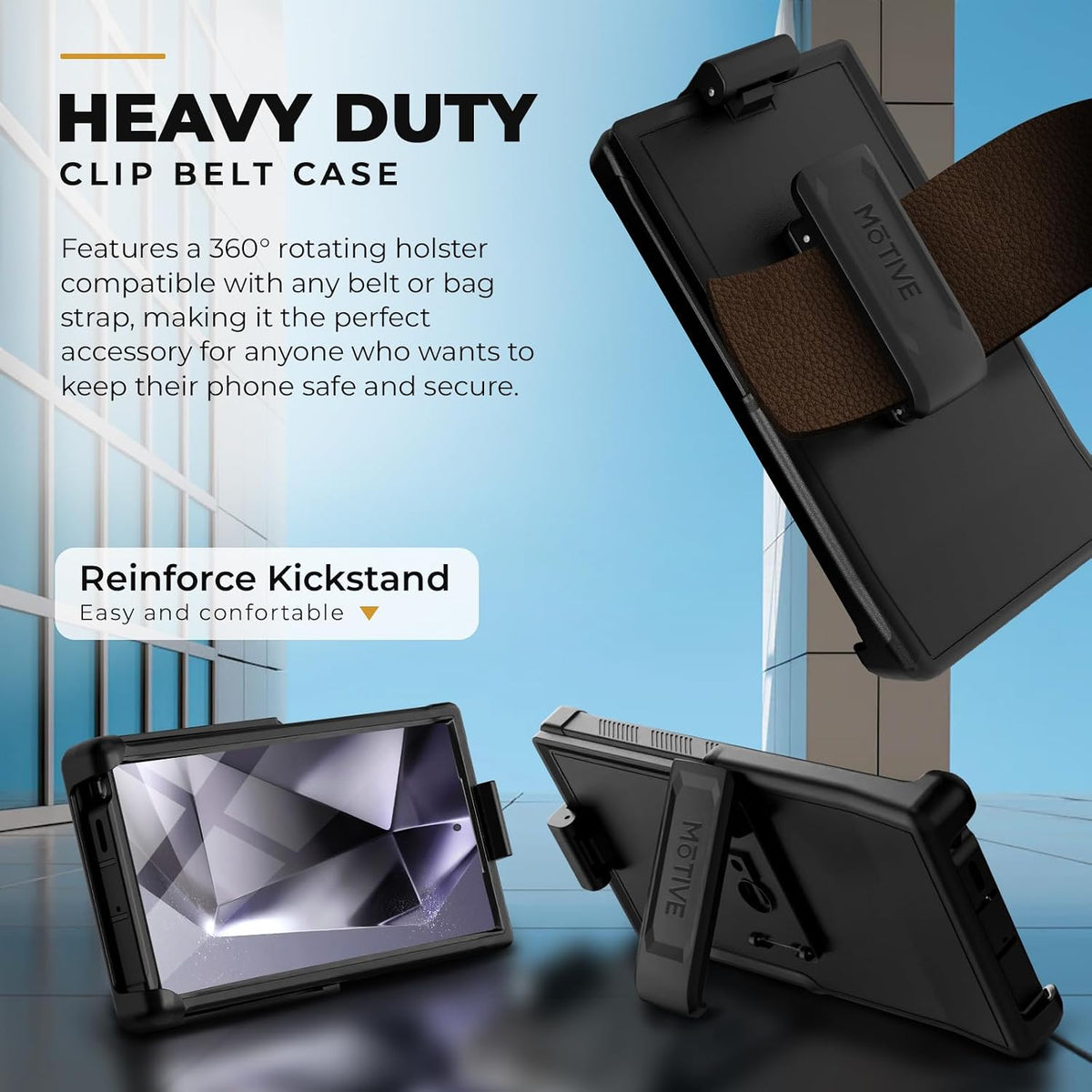 Motivecase Bunker Series rugged phone case for Samsung Galaxy S24 Ultra showing built-in multi-angle kickstand functionality and 360-degree swivel belt clip holster.