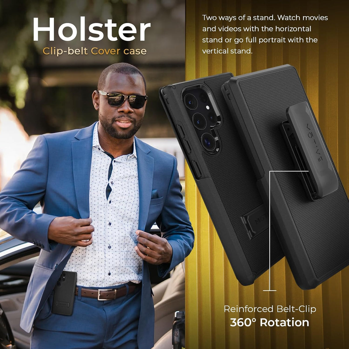 Heavy-duty Motivecase Ranger V2 phone holster for Samsung Galaxy S24 Ultra featuring durable 360-degree rotating belt clip swivel for convenient carrying.