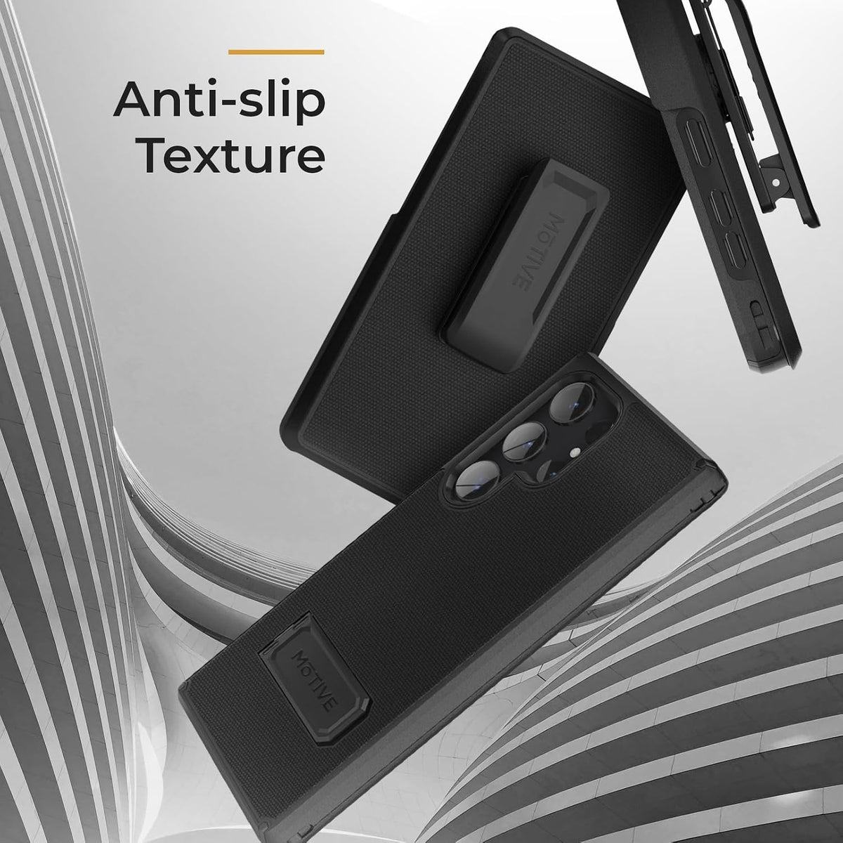 Rugged Motivecase Ranger V2 protective cover for Samsung Galaxy S24 Ultra showcasing non-slip ergonomic textured grip sides and reinforced tactical back shell.