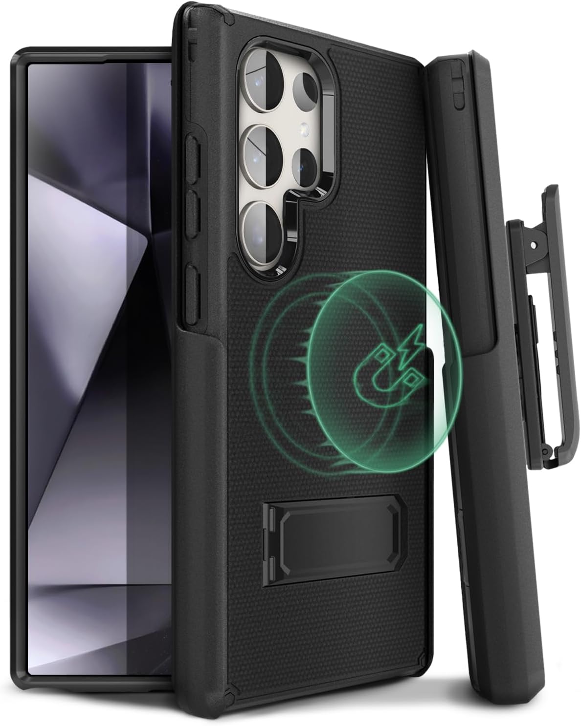 Full body view of Motivecase Ranger V2 heavy-duty protective cover for Samsung Galaxy S24 Ultra featuring dual-layer drop defense, kickstand, and belt clip.