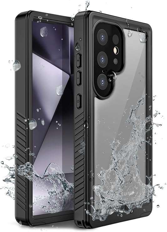 Official Motivecase IP68 Waterproof case for Samsung Galaxy S24 Ultra, shown with a water splash effect.