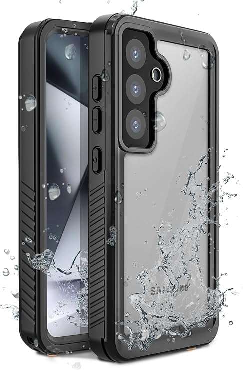 Official Motivecase IP68 Waterproof case for Samsung Galaxy S24, shown with a water splash effect.