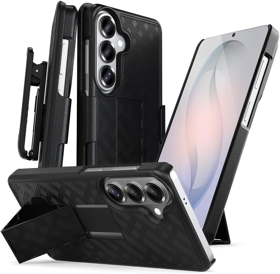 Complete product set of Motivecase Ranger V1 series for Samsung Galaxy S26 Plus showing kickstand viewing mode, slim phone case, and belt clip sleeve.