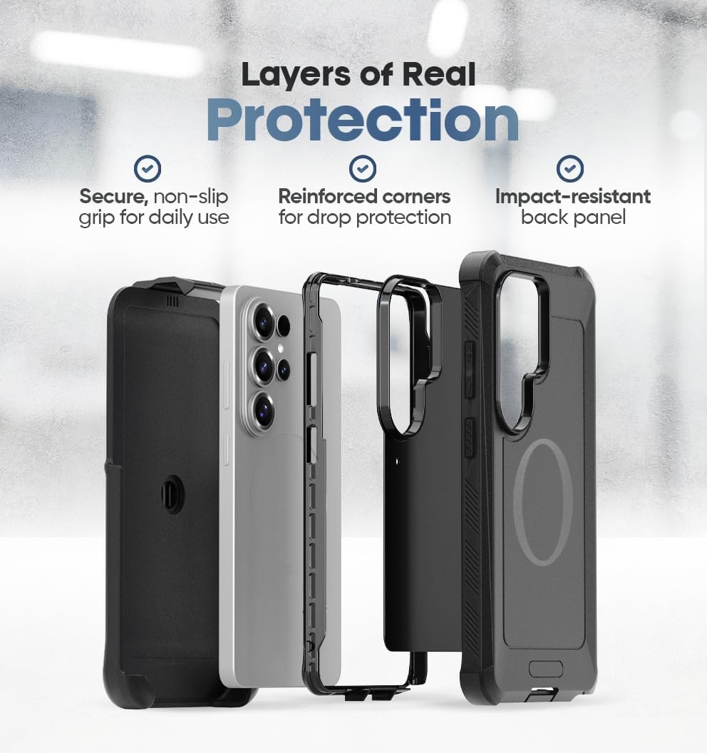 Exploded layer diagram of Motivecase Bunker series for Samsung Galaxy S26 Ultra showing non-slip TPU grip, rigid frame, and heavy-duty holster.