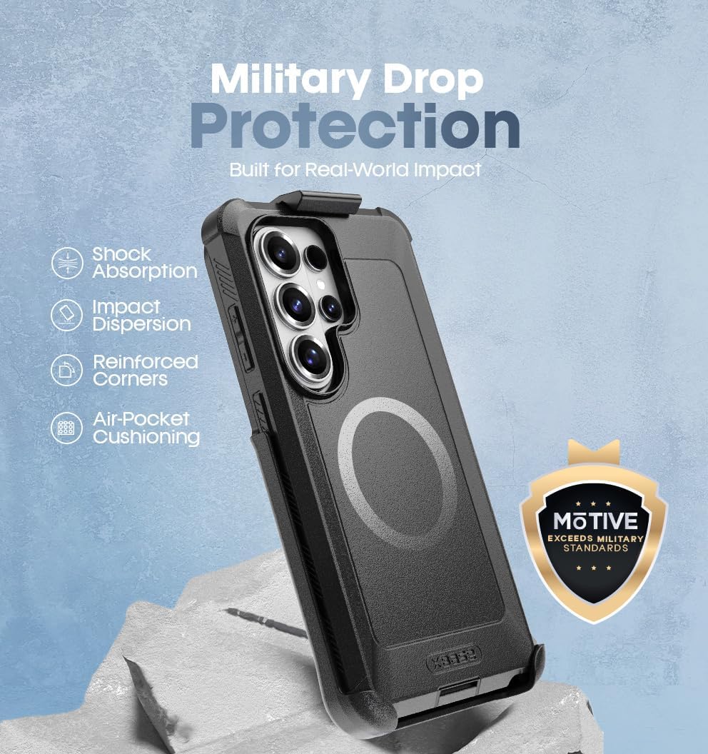 Military-grade drop protection feature for Samsung Galaxy S26 Ultra Motivecase Bunker series with air-pocket cushioning and shock absorption.