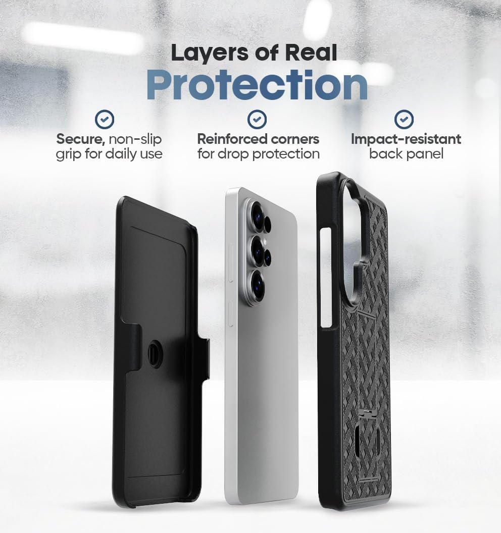 Exploded layer diagram of Motivecase Ranger V1 series for Samsung Galaxy S26 Ultra showing textured back panel and sleeve holster.