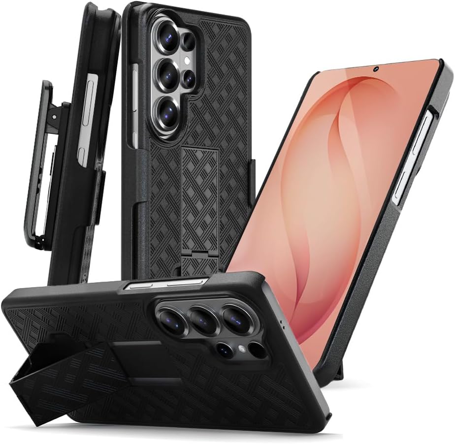 Complete product set of Motivecase Ranger V1 series for Samsung Galaxy S26 Ultra showing kickstand viewing mode, slim phone case, and belt clip sleeve.