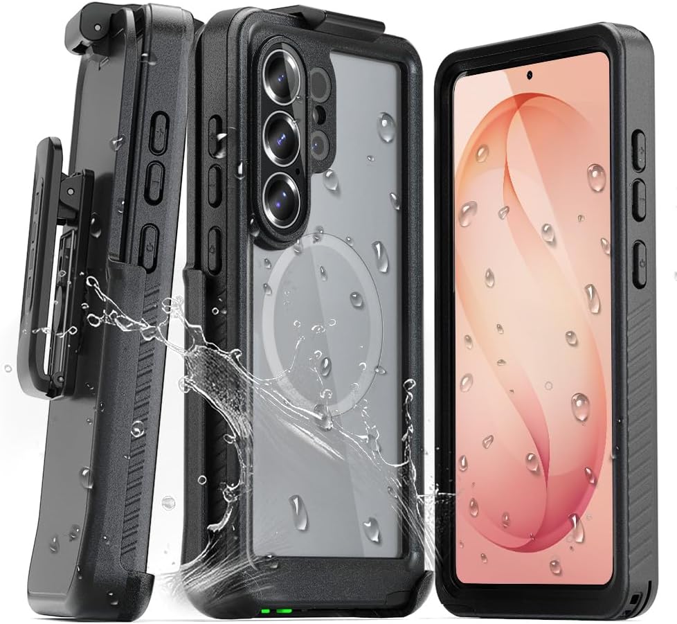 Complete Motivecase Waterproof series set for Samsung Galaxy S26 Ultra featuring IP68 sealed case, MagSafe clear back, and belt clip holster with water splash.