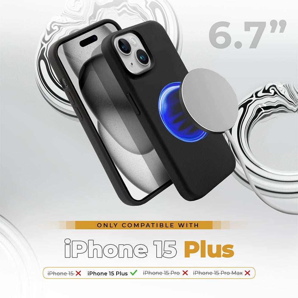 Liquid Silicone Slim Case for iPhone 15 Plus, black, 6.7", seamless charging, comprehensive protection.