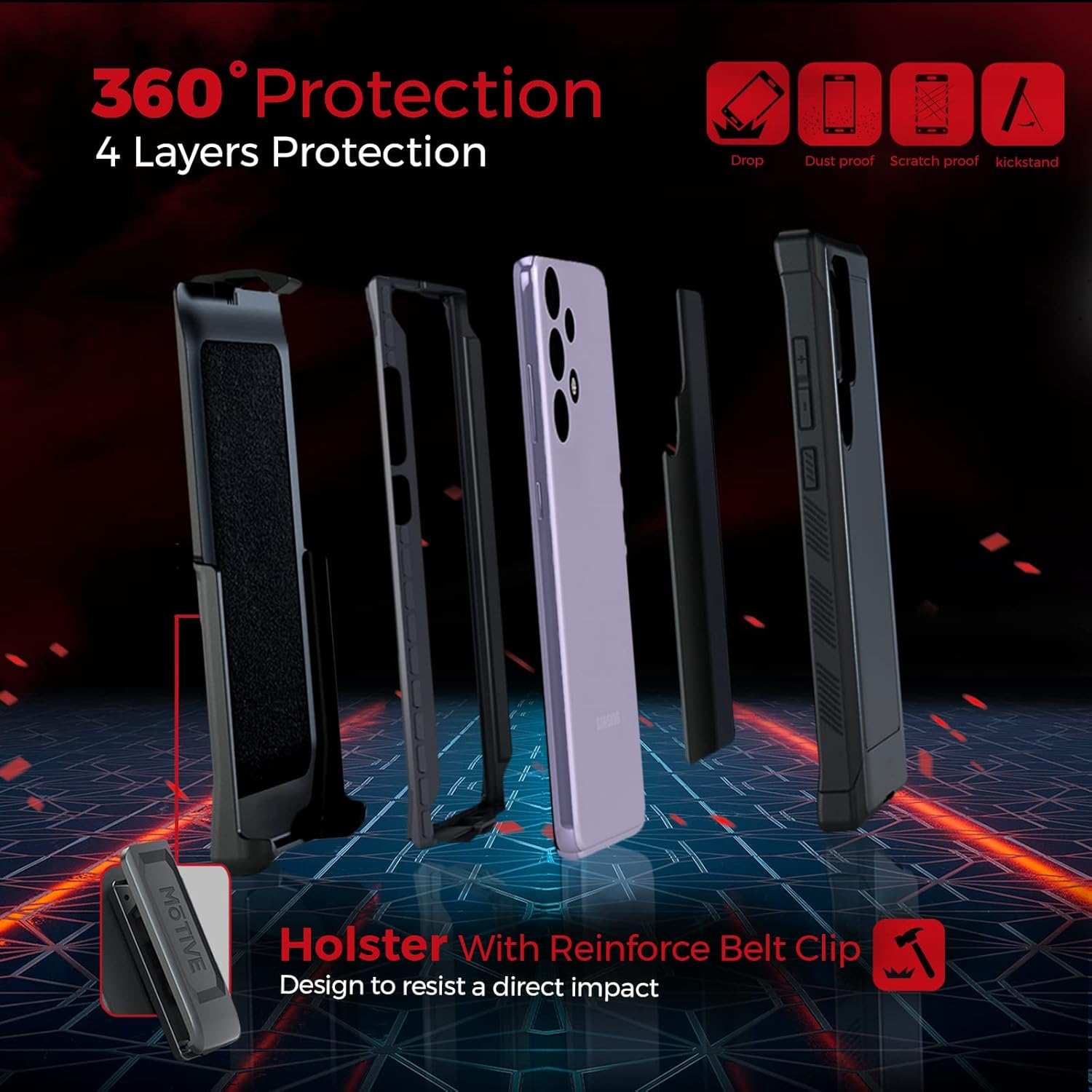 Infographic of the Galaxy S22 Bunker case, detailing its 360-degree, 4-layer protection and professional features.