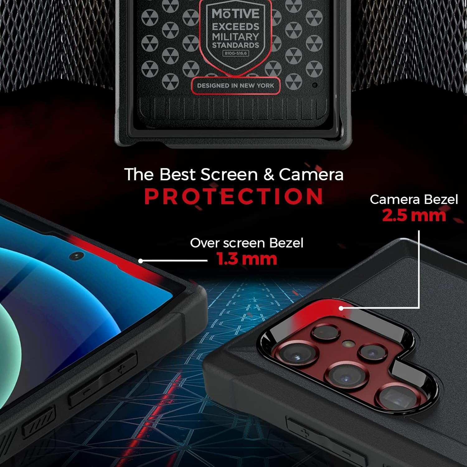 Close-up view of the Bunker case's raised bezels, with a 2.5mm camera guard and 1.3mm screen guard for the Galaxy S22.