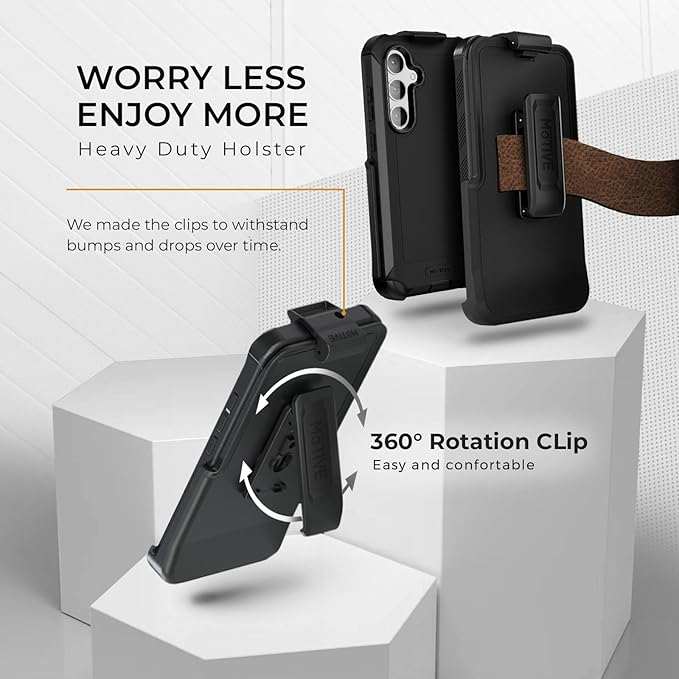 The Bunker case holster demonstrating its 360-degree rotation with a belt passing through the strong belt clip.