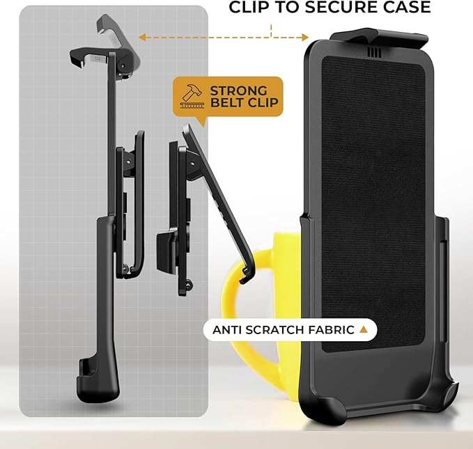 Front and profile view of the heavy-duty holster for the Galaxy S23 Bunker case, showing its strong belt clip and anti-scratch fabric.