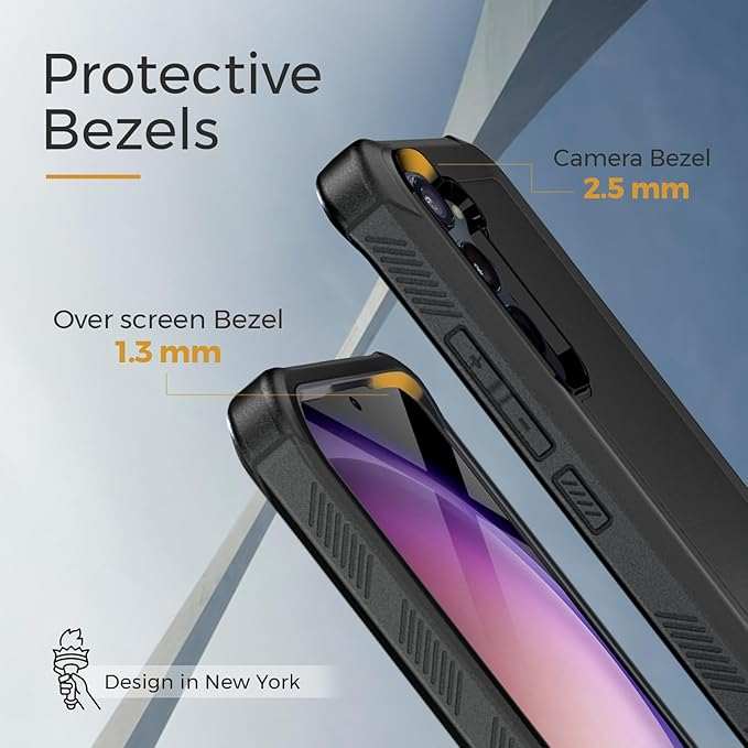 Close-up of the Bunker case's protective bezels, with a 2.5mm camera guard and 1.3mm screen guard for the Galaxy S23.