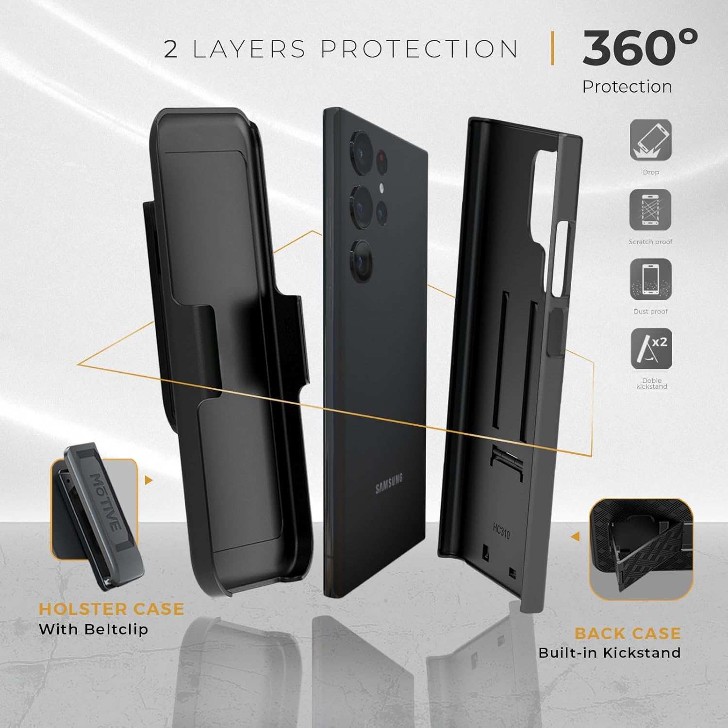 Infographic of the Ranger V1 case for Galaxy S23, detailing its 360° 2-layer protection and professional features.