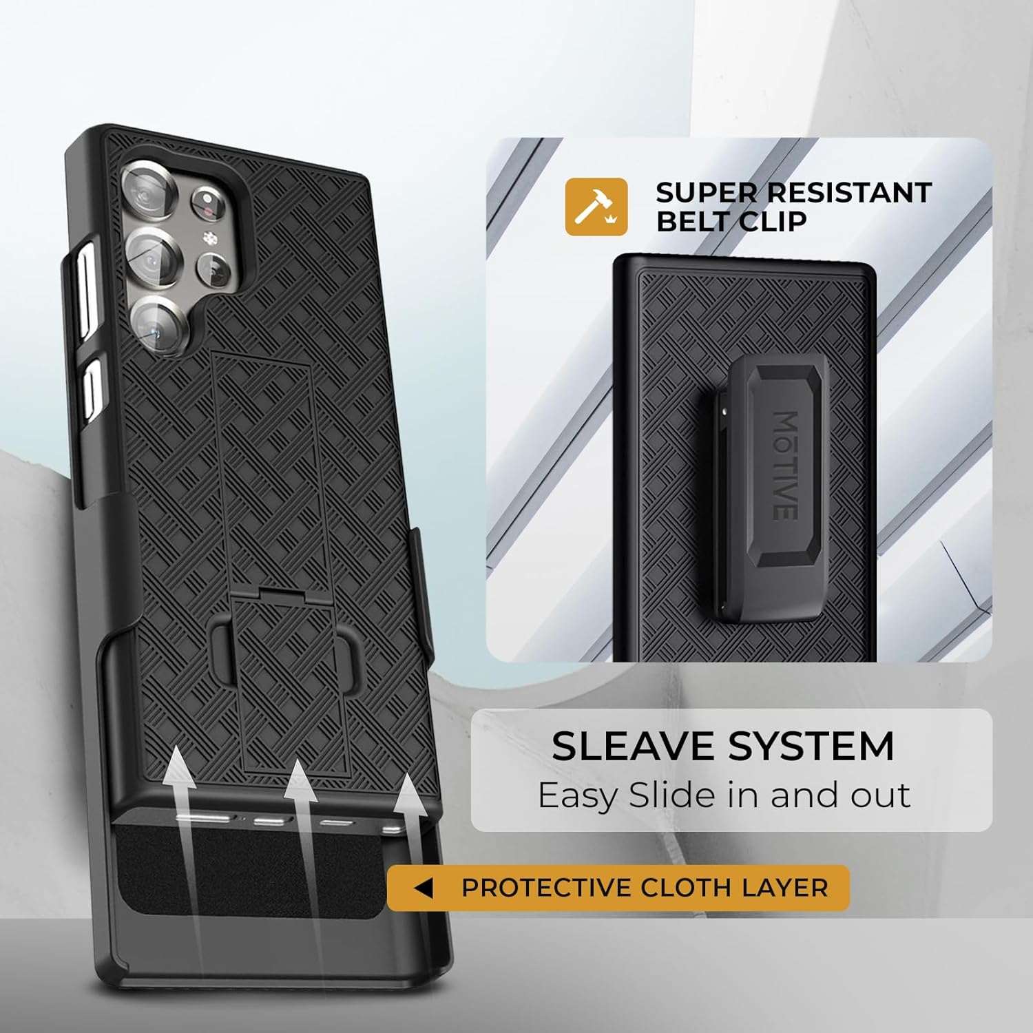 Demonstrating the secure sleeve system of the Ranger V1 holster, as the Galaxy S23 case slides in smoothly.
