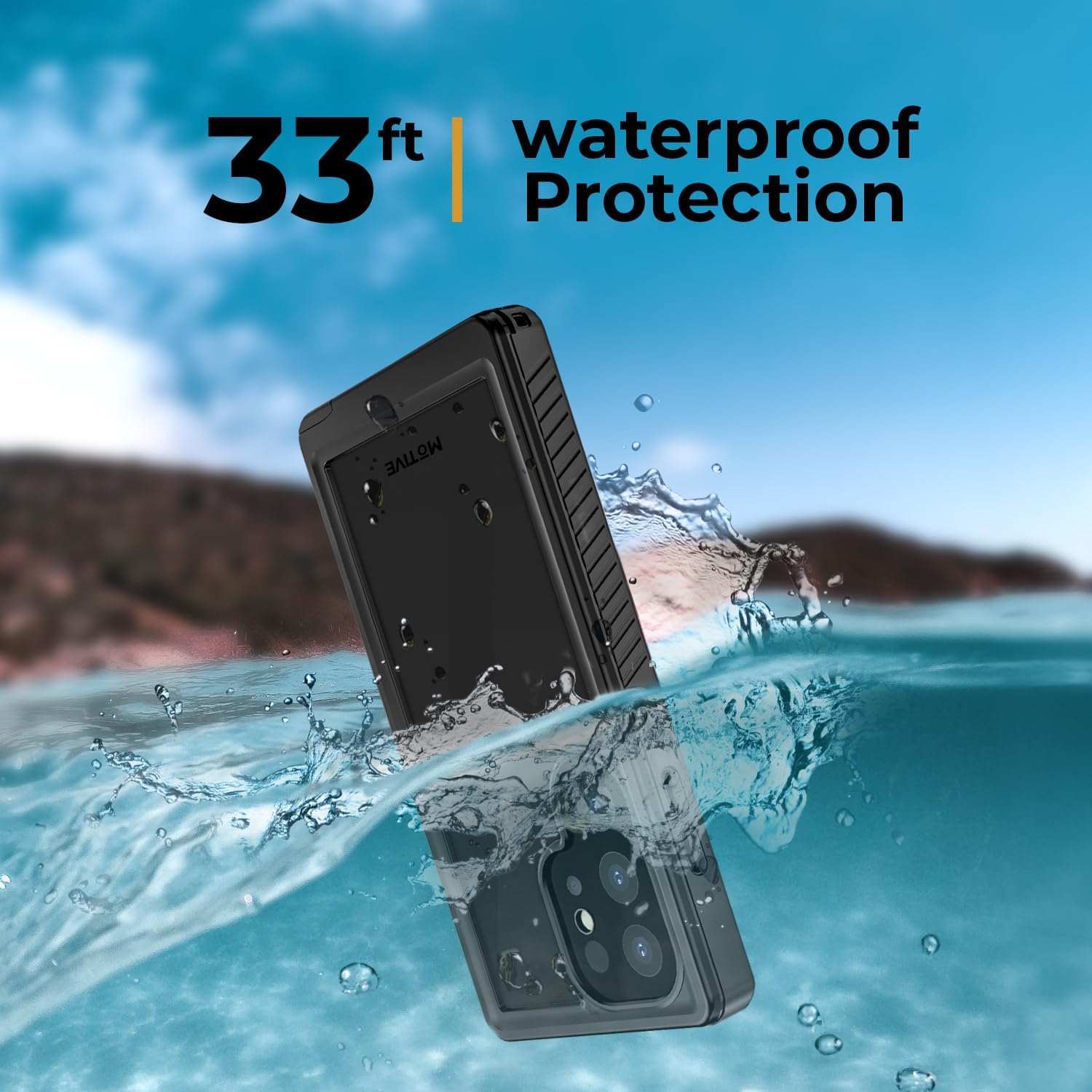 The Motivecase Waterproof case for Galaxy S24 shown fully submerged in water, demonstrating its 33ft waterproof protection.