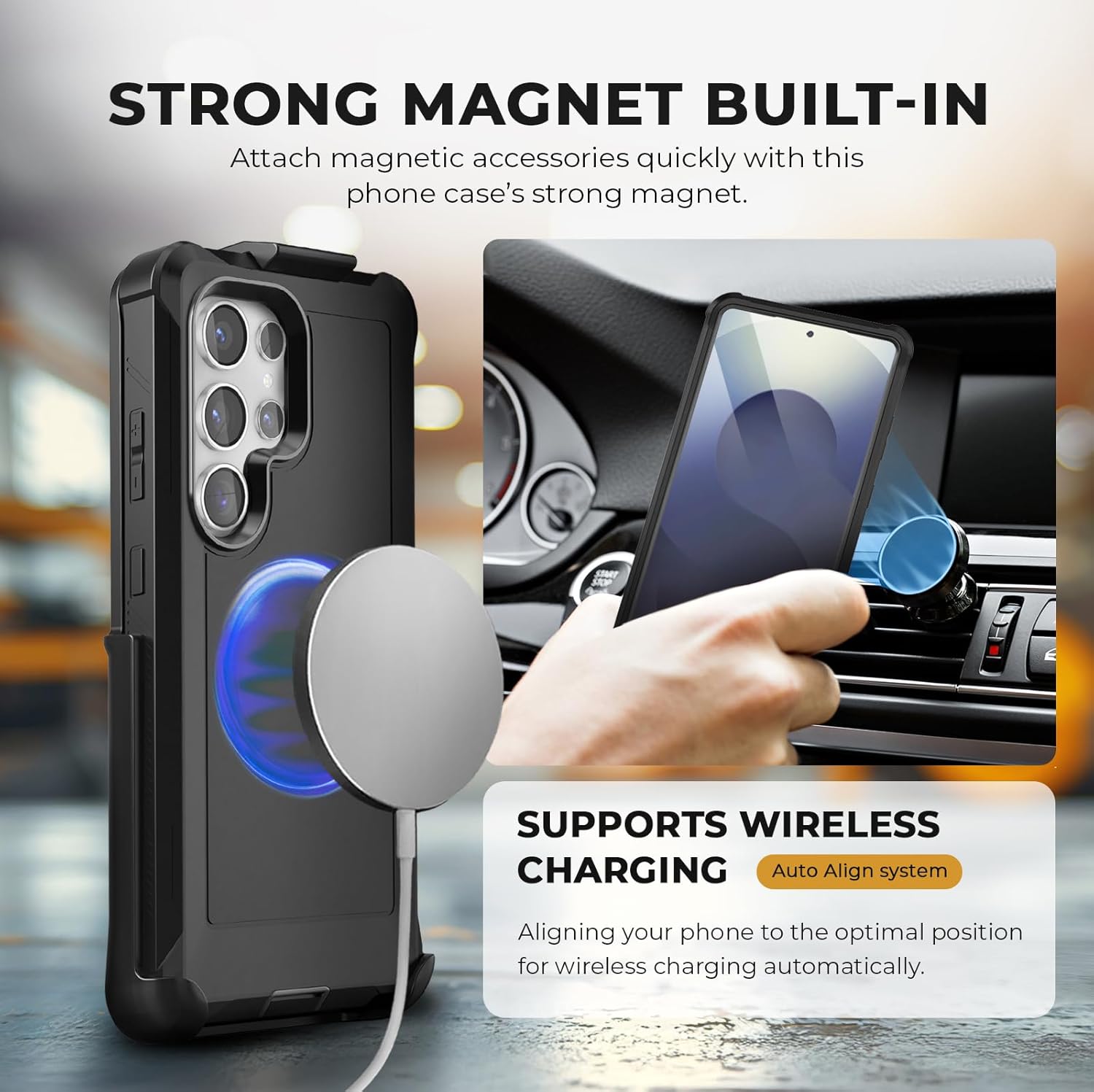 The Galaxy S25 Bunker case demonstrating its strong built-in magnet for a secure MagSafe wireless charging connection.