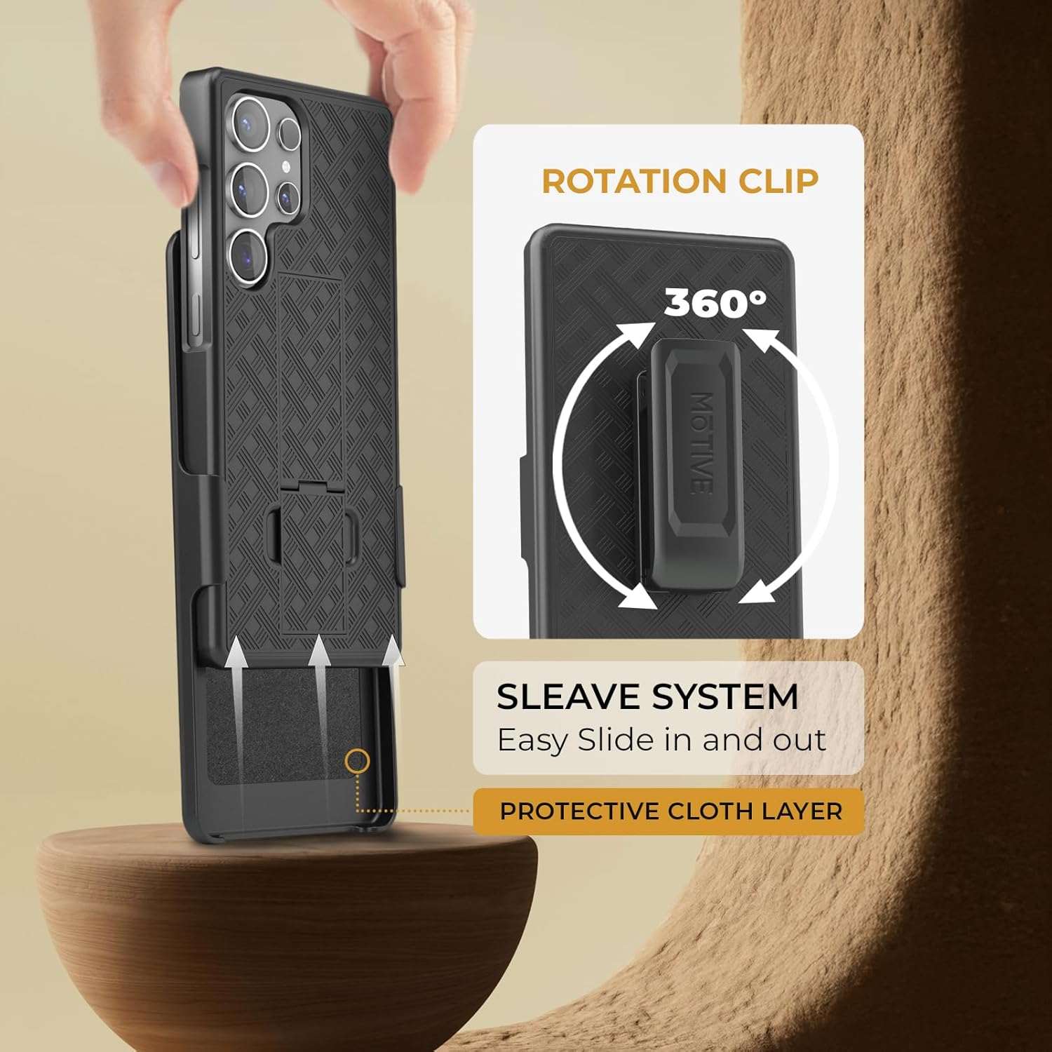 Showcasing the 360° rotating belt clip and protective cloth layer of the Ranger V1 holster for the Galaxy S25.
