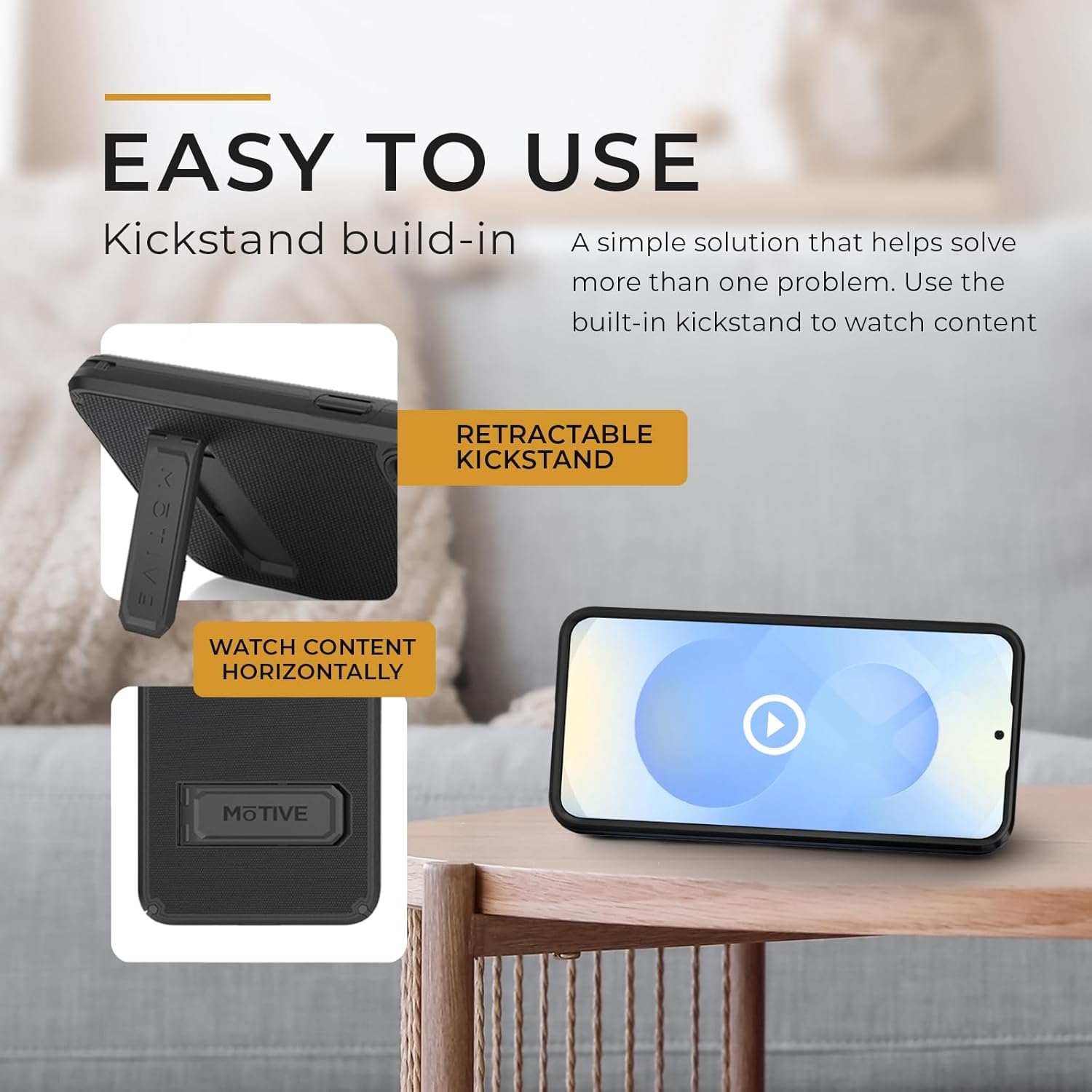 The Samsung Galaxy S25 in a Ranger V2 case using its easy-to-use built-in kickstand for hands-free horizontal viewing.