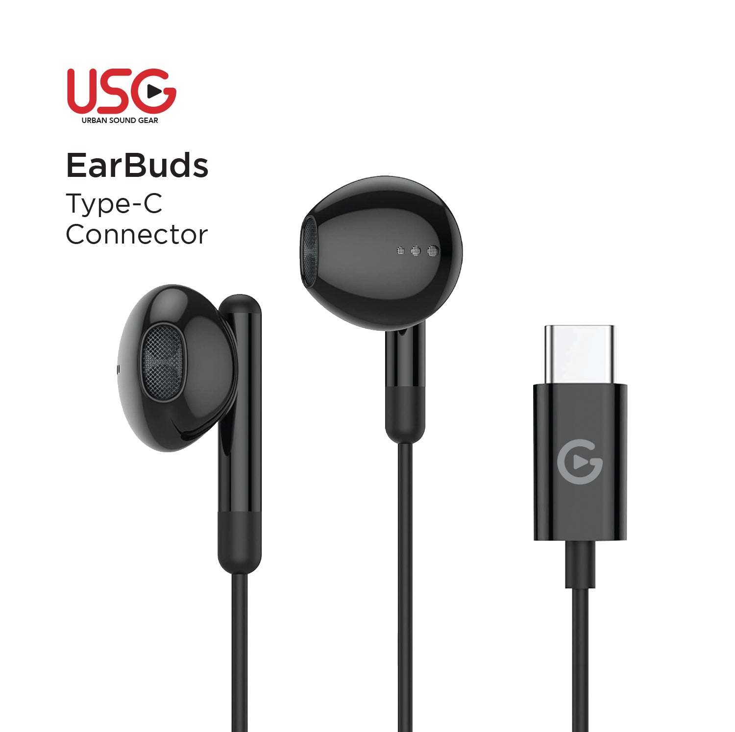 The Urban Sound Gear wired USB-C headphones in black, showing the ergonomic earbuds and the USB-C connector.