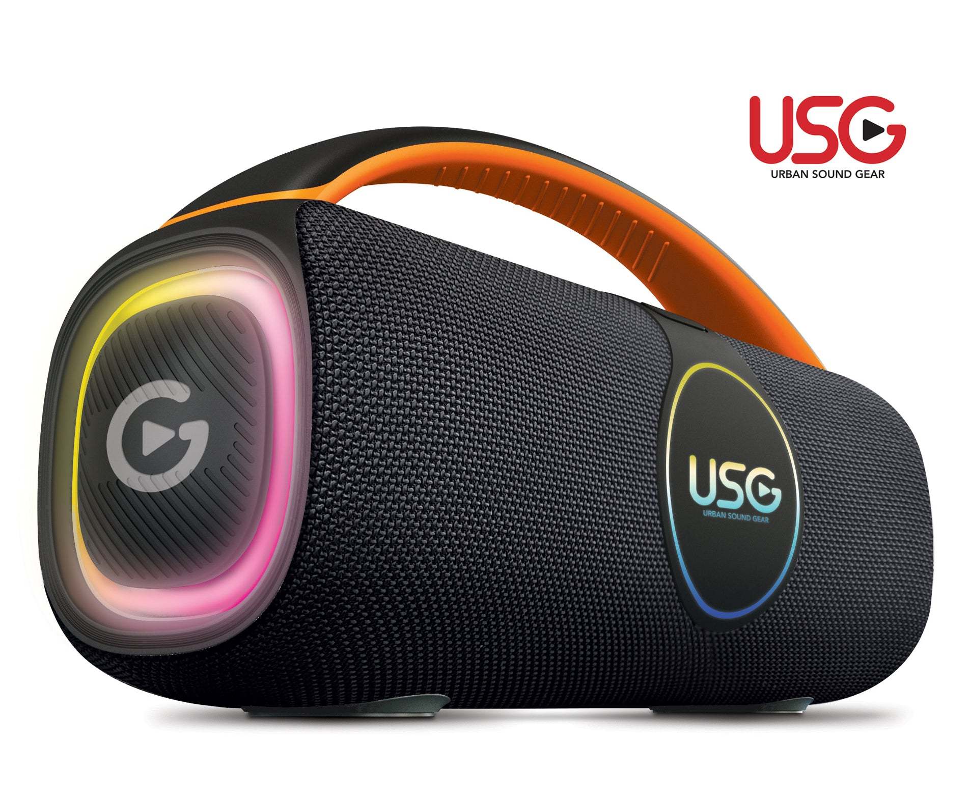 The USG SoundStorm3 wireless Bluetooth party speaker shown from a diagonal profile, with its side ambient light turned on.