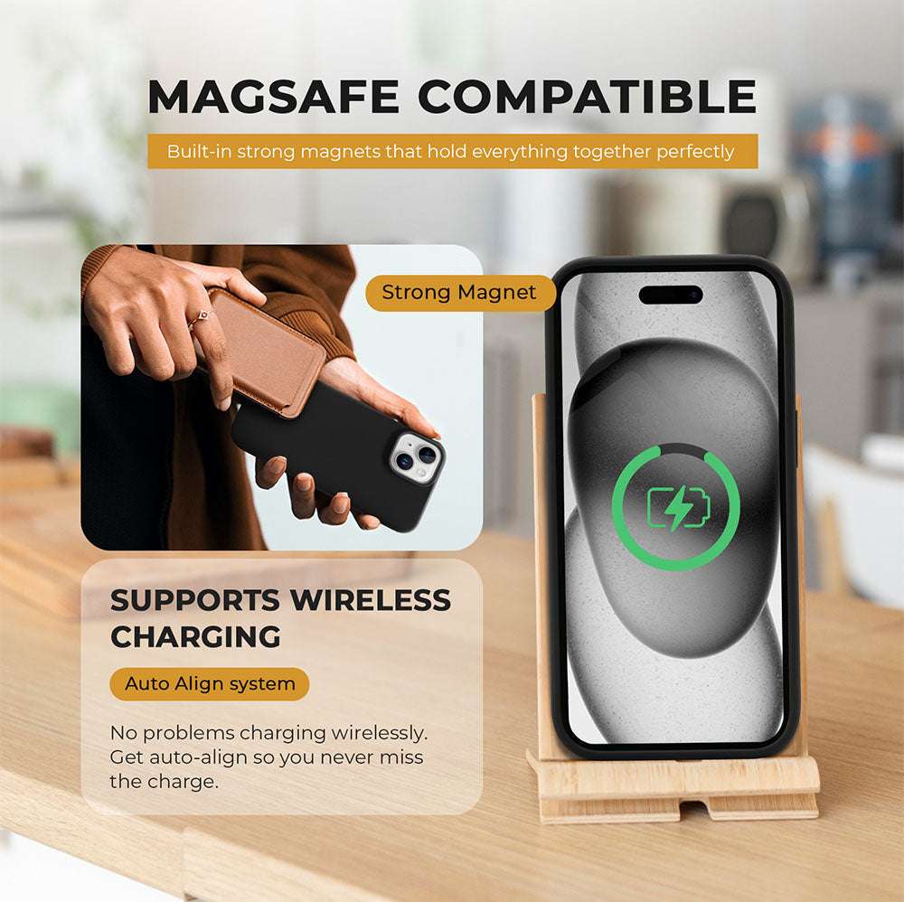 MagSafe-compatible liquid silicone slim case for iPhone 15 Plus with wireless charging support.
