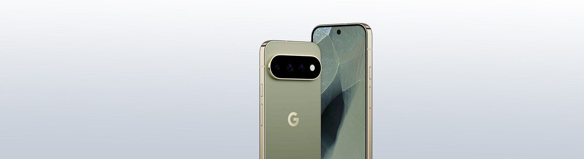Front and back view of the hazel green Google Pixel 11 featured on a clean Motivecase store desktop hero banner.