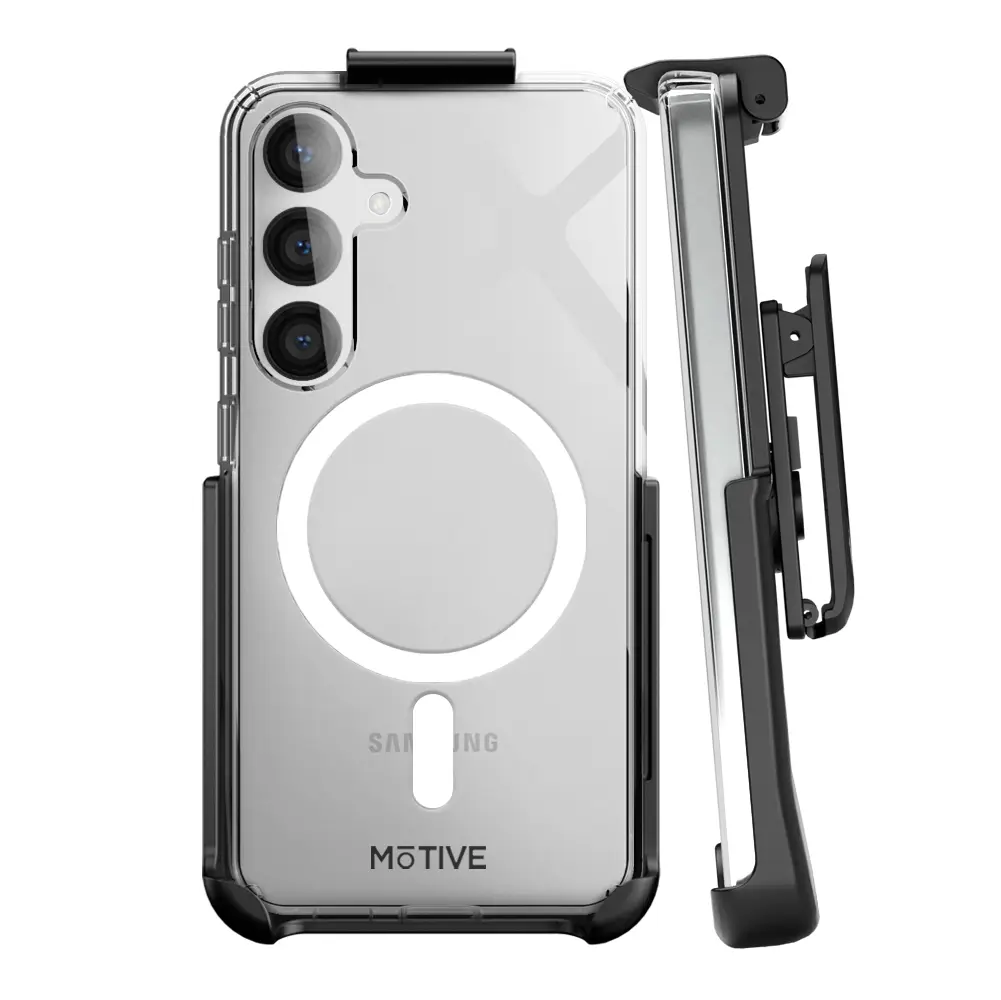 Galaxy S24 clear case and holster, durable and shockproof design.