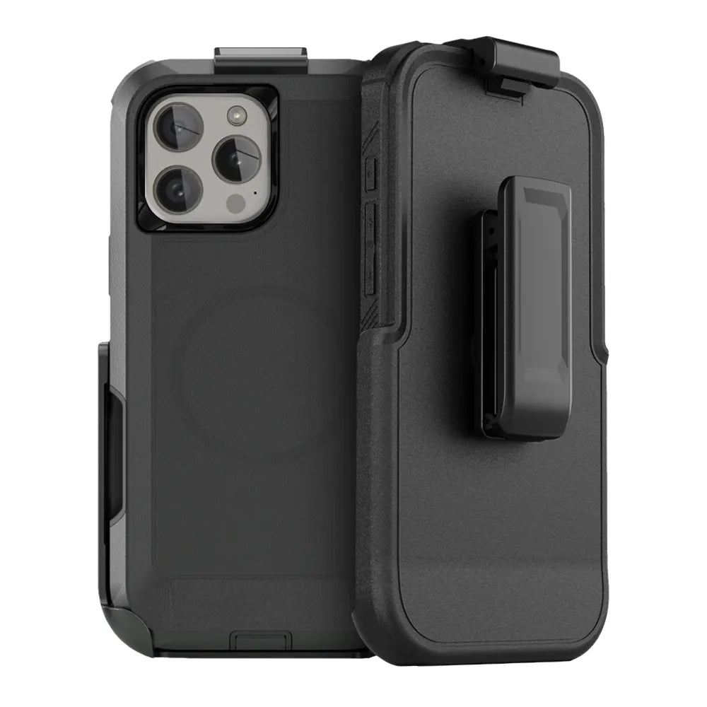 Rugged iPhone 16 Pro Max case with belt clip and kickstand, quad-layer protection.