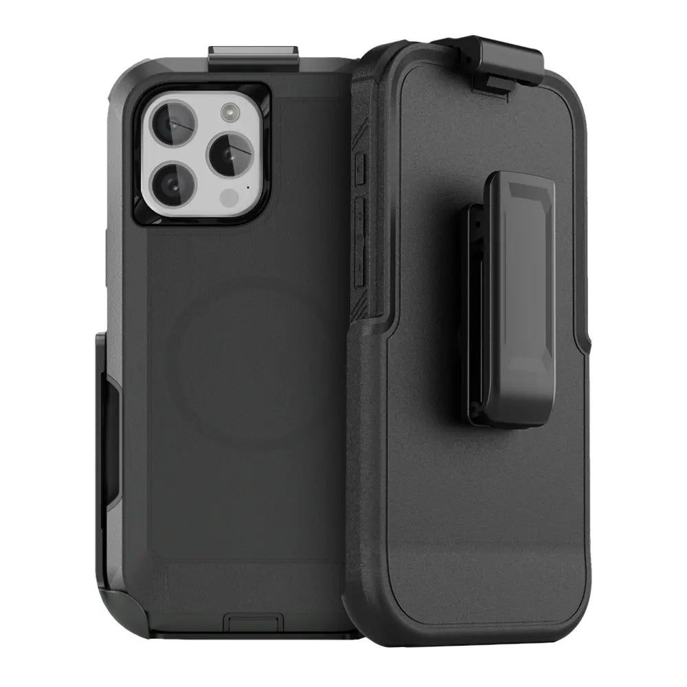 iPhone 16 Pro Case & Holster, heavy-duty protection, black, kickstand, belt clip.