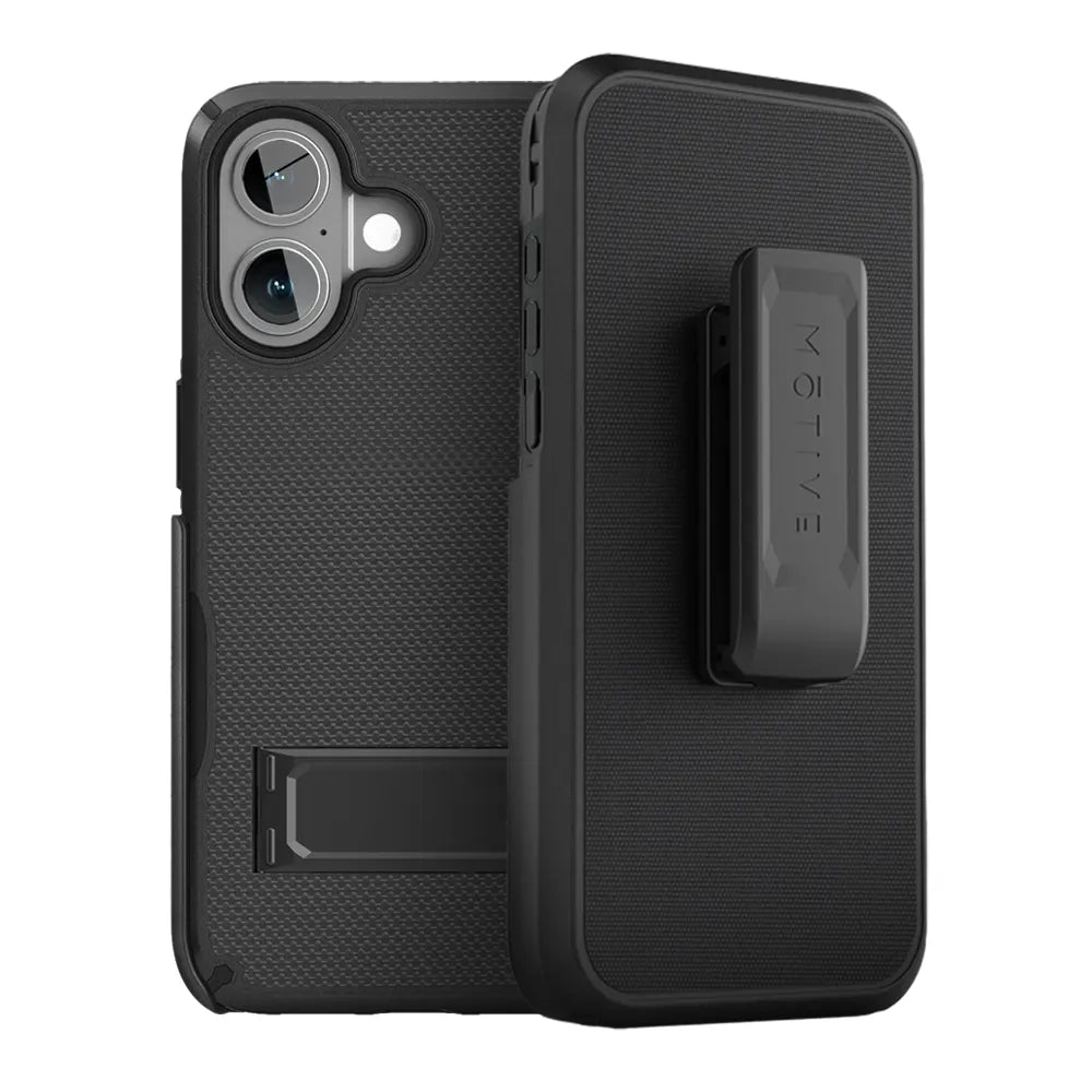 Black iPhone 16 case with clip offering rugged protection