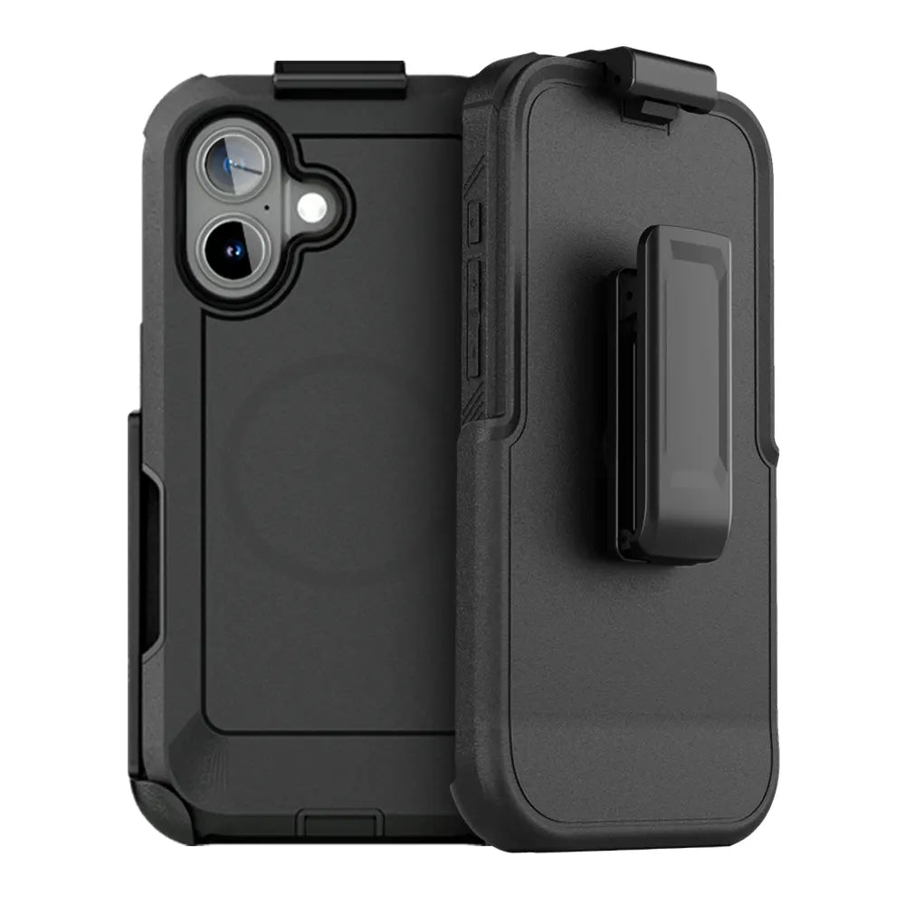 Heavy duty iPhone 16 case with belt clip and holster for rugged protection.