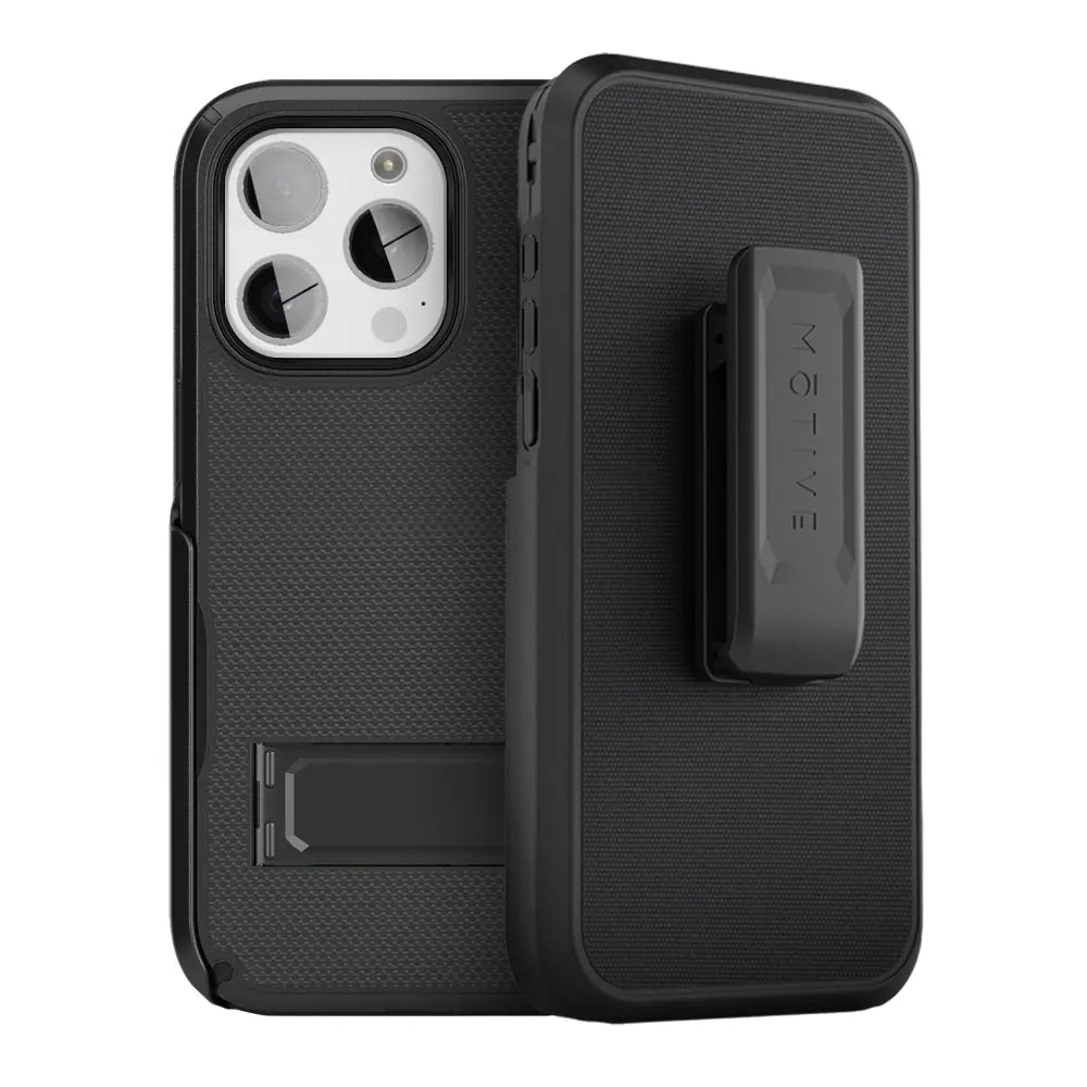 Sleek black iphone 16 pro case kickstand. The case features a rugged exterior and a secure belt clip. Ideal for both work and play. #iPhone16Procasekickstand