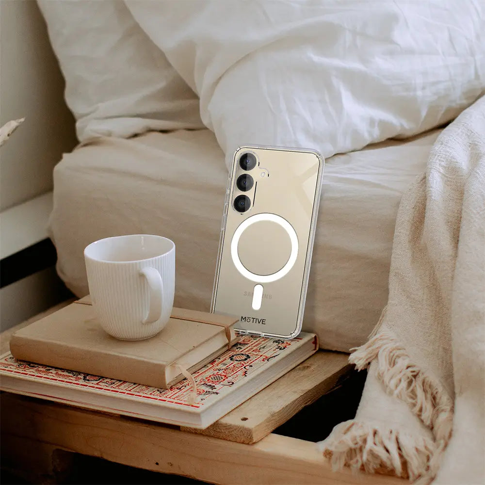 Galaxy S24 Plus clear case with shockproof bumper and camera bezel protection on bedside table.