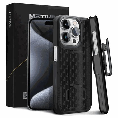 Durable iPhone 15 Pro case with belt clip and kickstand, military-grade protection.
