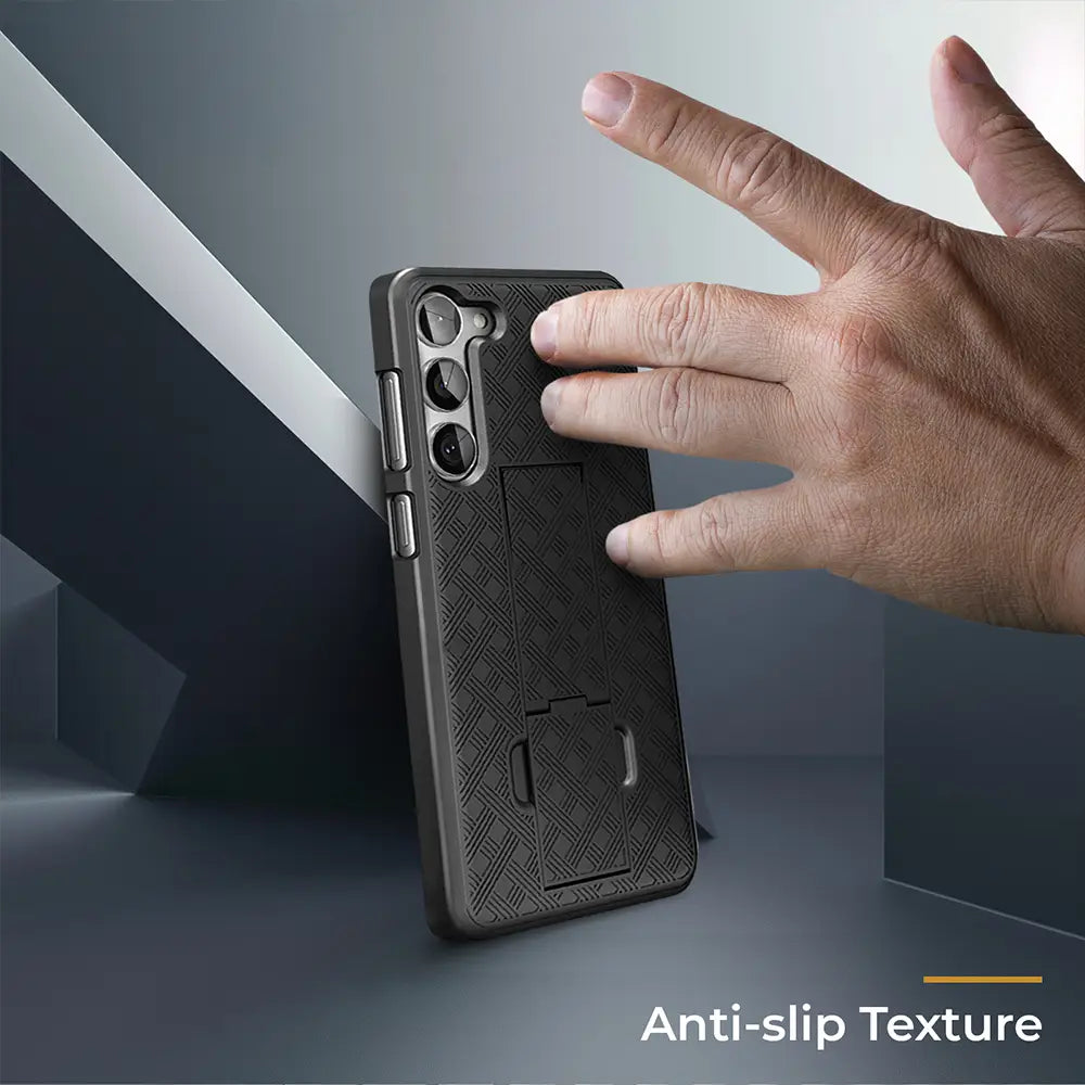 Samsung s25 case with belt clip, shockproof armor, kickstand, anti-slip texture.