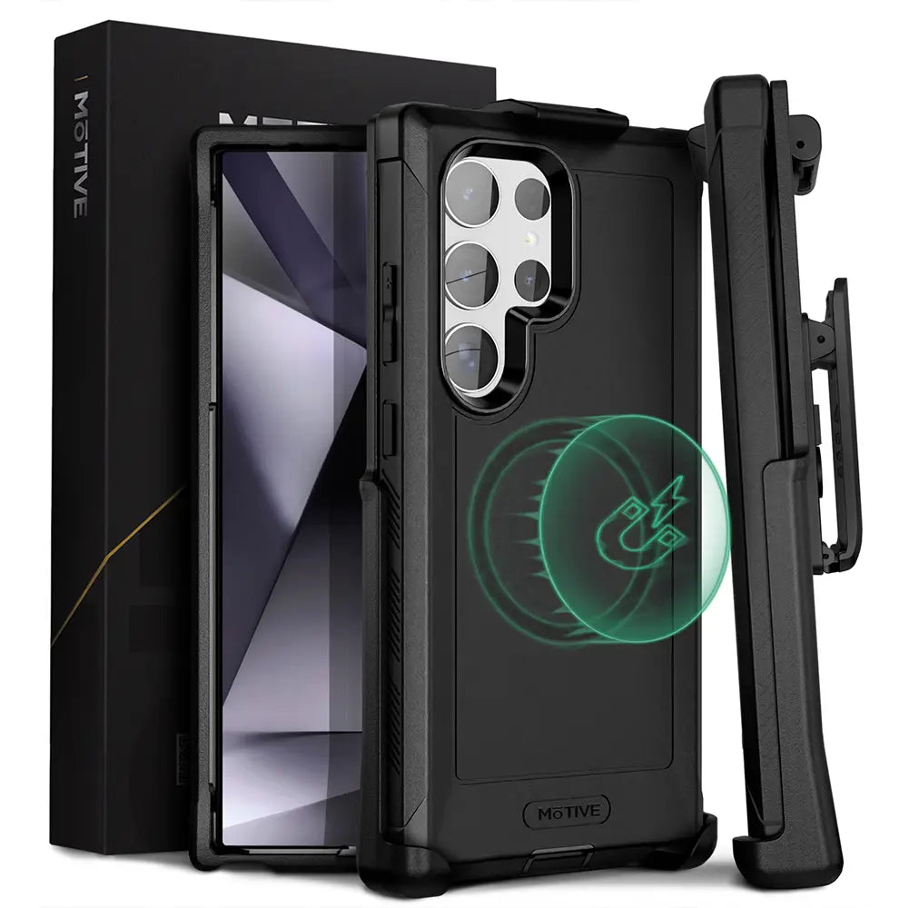 Galaxy S24 Ultra Case & Holster with heavy-duty protection, features belt clip holster, kickstand, quad-layer construction, and wireless charging compatibility.