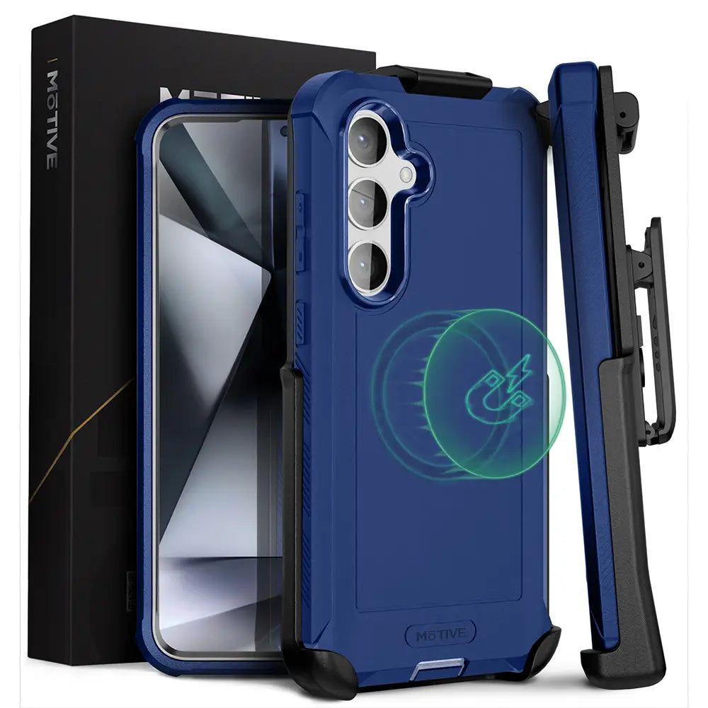 Galaxy S24 heavy duty case and holster with blue rugged design, offers 360-degree protection and wireless charging compatibility.