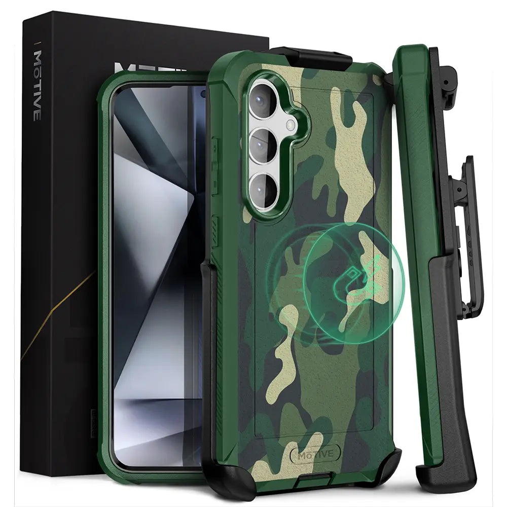 Galaxy S24 heavy duty case and holster with camouflage design, showcasing ultimate protection and durability.