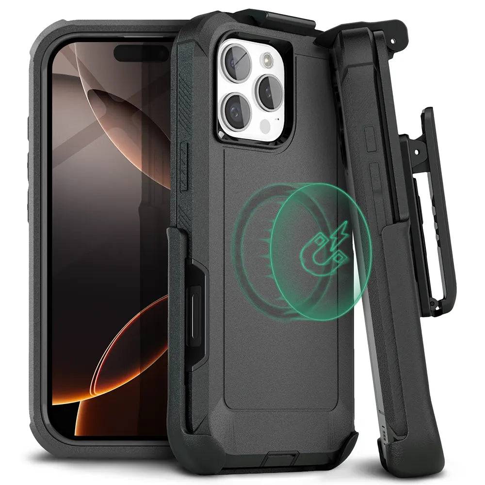 Rugged iPhone 16 Pro Max case with belt clip and kickstand, featuring quad-layer protection and wireless charge compatibility.