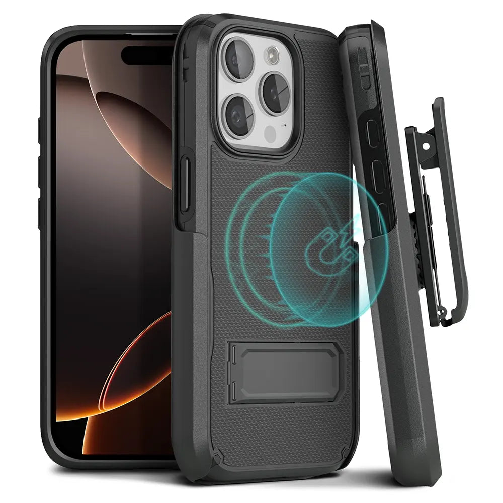 A rugged iPhone 16 Pro Max case with clip offering maximum protection. The case features a built-in kickstand and a secure belt clip