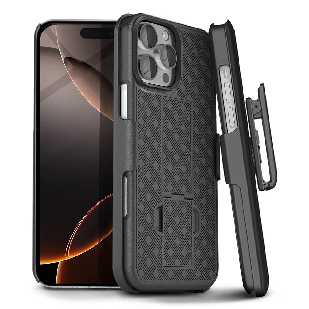 Rugged black iPhone 16 Pro Max holster case with belt clip and additional compartment, showcasing the front and back of the case