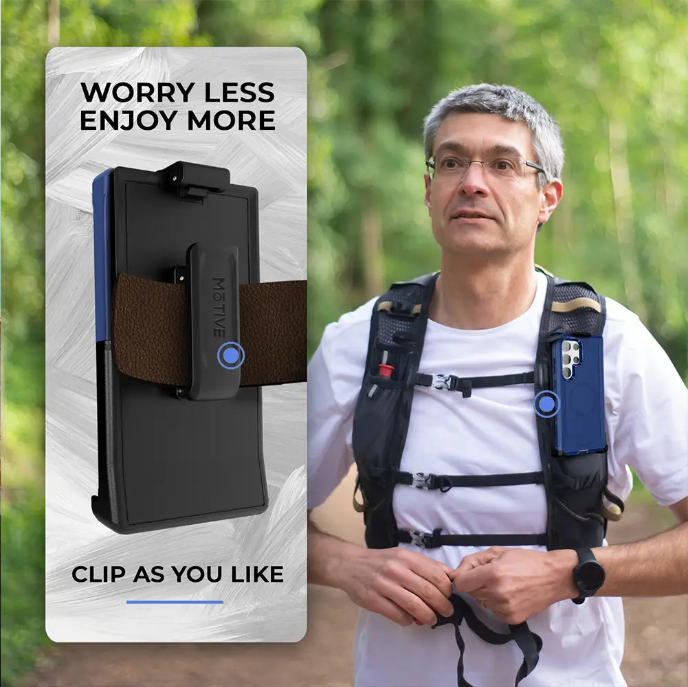 Galaxy S24 Ultra Case & Holster with clip and rugged design, worn by a man outdoors.