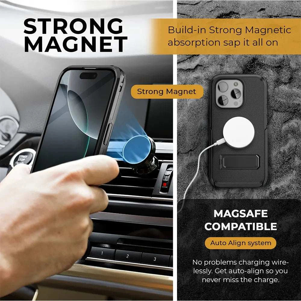 Sleek black iPhone 16 Pro case with a magnetic back for hands-free use in your car or on your desk. Compatible with MagSafe chargers for easy wireless charging. #iPhone16Procasekickstand