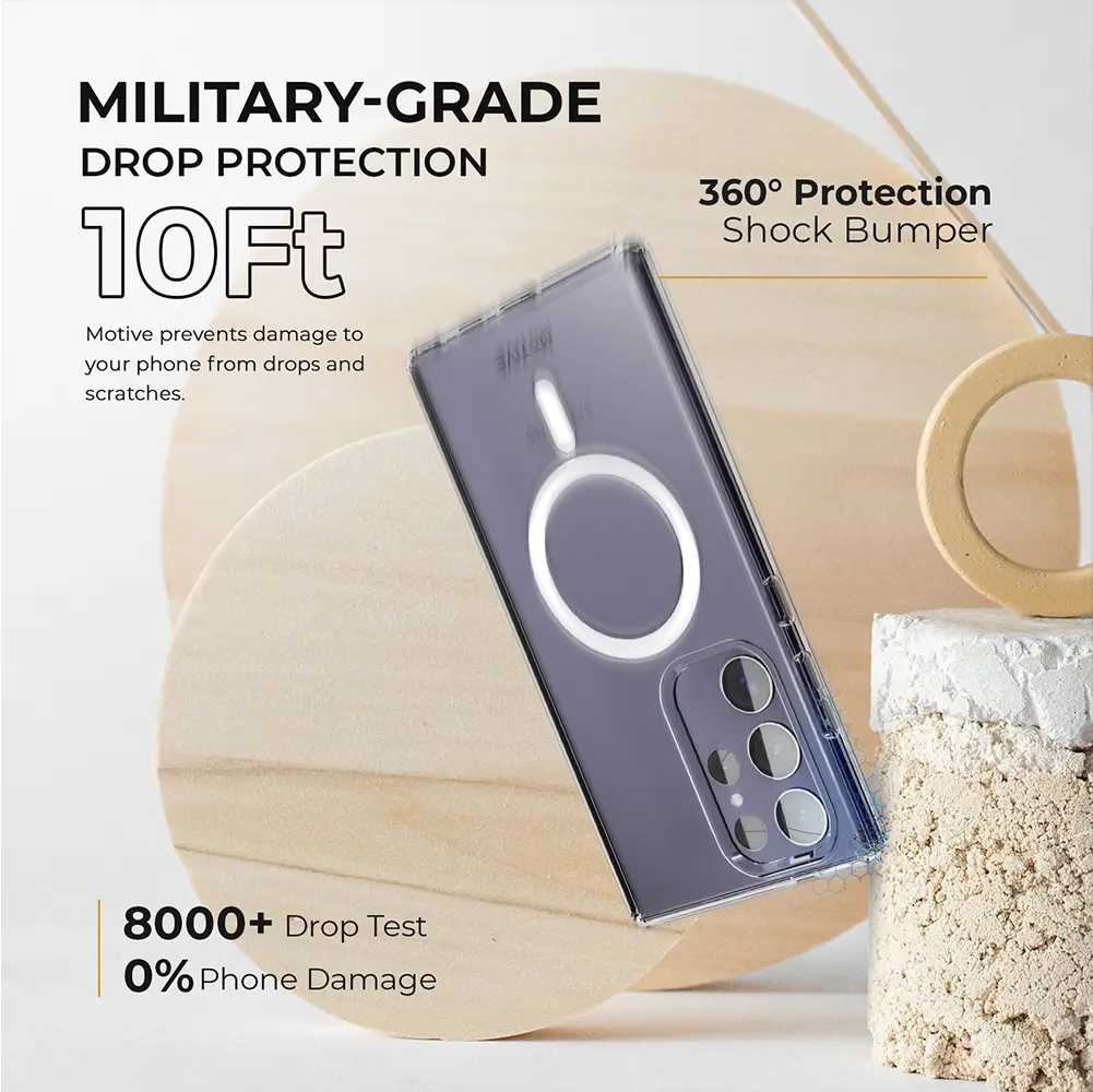 Clear Galaxy S24 Ultra phone case with holster, showcasing military-grade drop protection and 360° shock bumper.