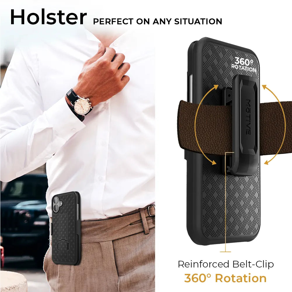 A man wearing a black iPhone 16 holster with a 360-degree rotating belt clip. Perfect for hands-free use on the go