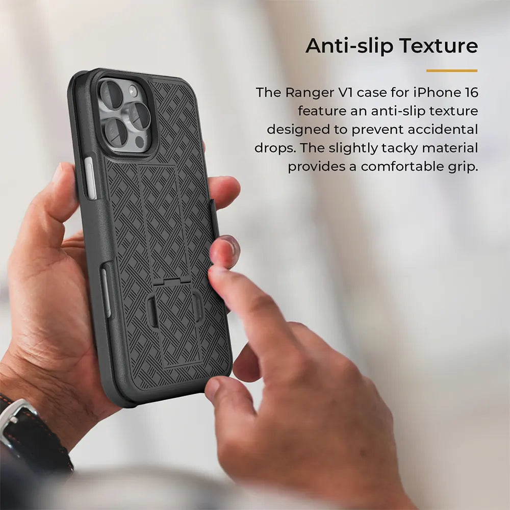 A hand holding a black iPhone 16 Pro Max in a rugged holster case with a belt clip and anti-slip texture. The case features a diamond pattern design