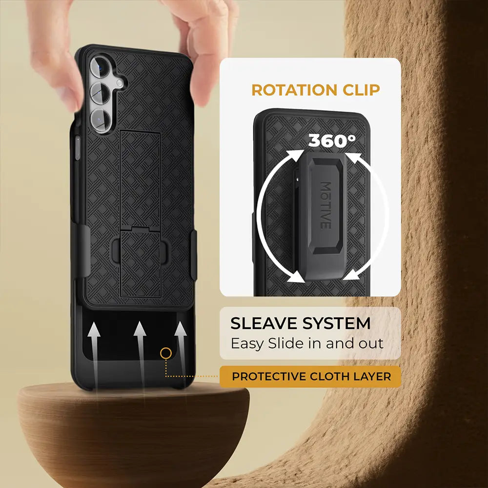 Shockproof MOTIVE Samsung s25 case with 360° rotating belt clip and kickstand.